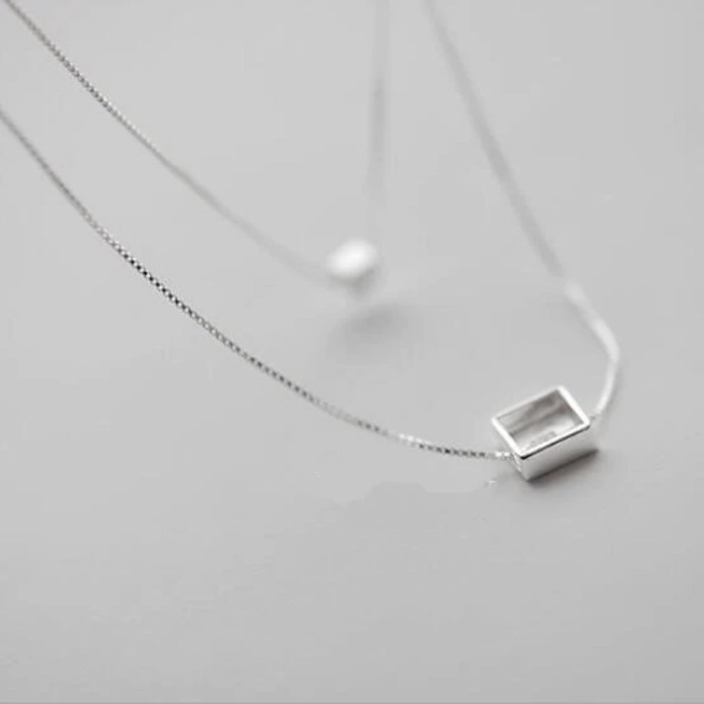 925 Sterling Silver Double Layer Square Necklace - Picture 5 of 7